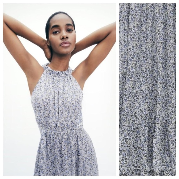 NWT. Zara White/Blue Floral Print Satin Effect Halterneck Midi Dress. Size S. - Picture 2 of 8